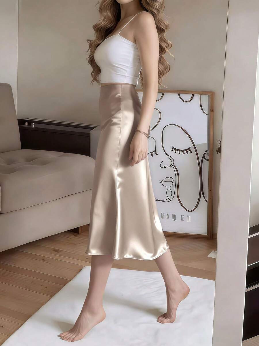 Women's Satin High Slit Midi Skirt, Silky Slip Skirt for Evening and Wedding Guest - Coffee Brown