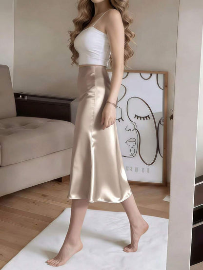 Women's Satin High Slit Midi Skirt, Silky Slip Skirt for Evening and Wedding Guest - Coffee Brown