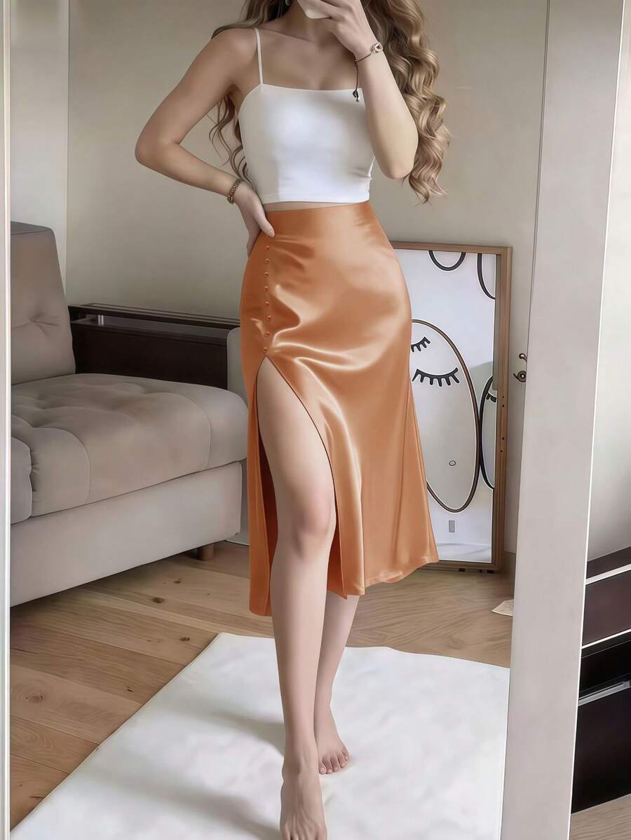 Women's Satin High Slit Midi Skirt, Silky Slip Skirt for Evening and Wedding Guest - Coffee Brown