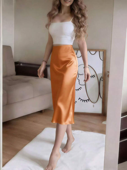 Women's Satin High Slit Midi Skirt, Silky Slip Skirt for Evening and Wedding Guest - Coffee Brown