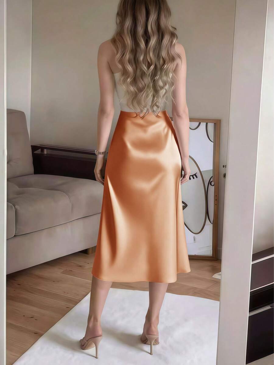 Women's Satin High Slit Midi Skirt, Silky Slip Skirt for Evening and Wedding Guest - Coffee Brown
