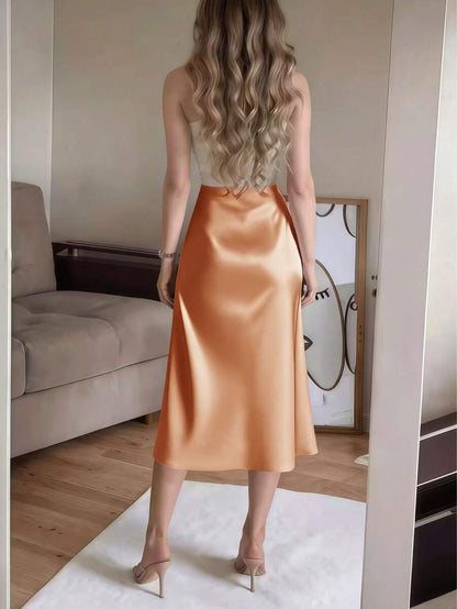 Women's Satin High Slit Midi Skirt, Silky Slip Skirt for Evening and Wedding Guest - Coffee Brown