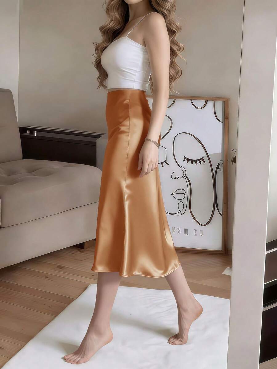 Women's Satin High Slit Midi Skirt, Silky Slip Skirt for Evening and Wedding Guest - Coffee Brown