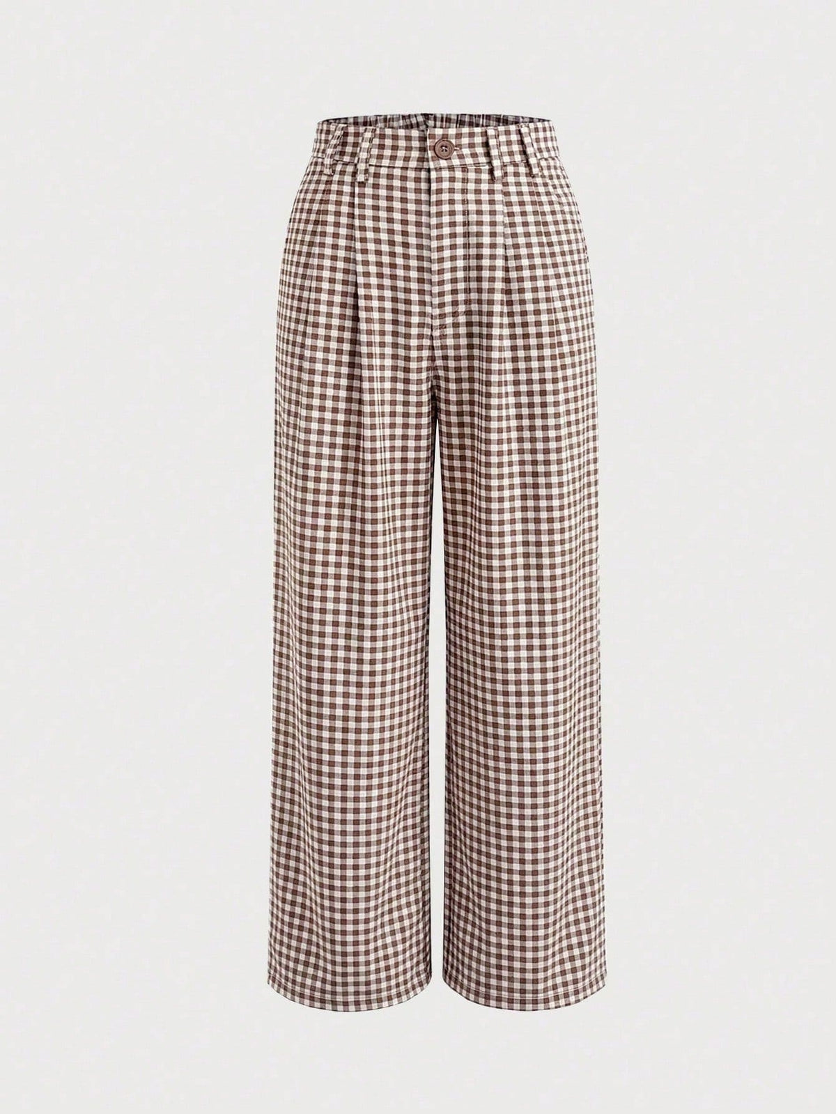 Clarissa Gingham Check Elastic Waist Straight Leg Pants - Mocha Brown