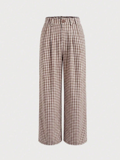 Clarissa Gingham Check Elastic Waist Straight Leg Pants - Mocha Brown