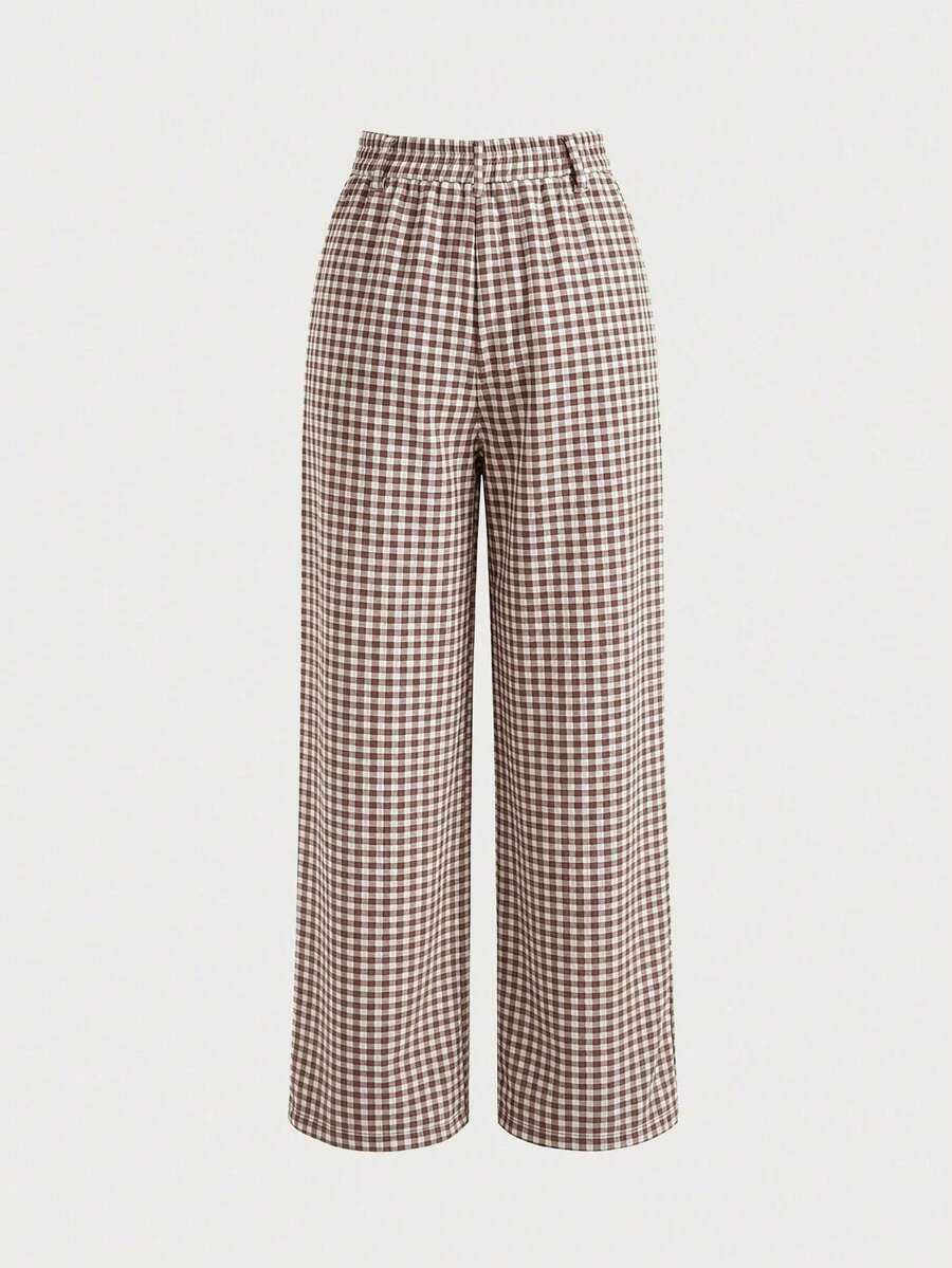 Clarissa Gingham Check Elastic Waist Straight Leg Pants - Mocha Brown