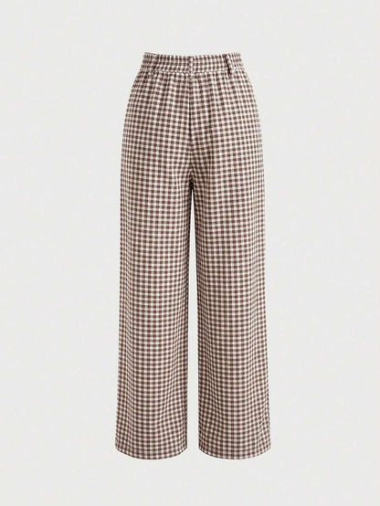 Clarissa Gingham Check Elastic Waist Straight Leg Pants - Mocha Brown