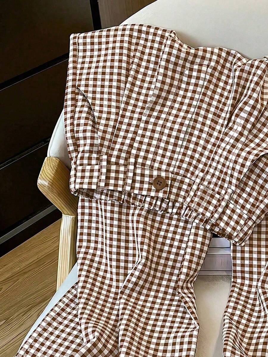 Clarissa Gingham Check Elastic Waist Straight Leg Pants - Mocha Brown