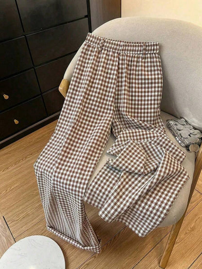 Clarissa Gingham Check Elastic Waist Straight Leg Pants - Mocha Brown