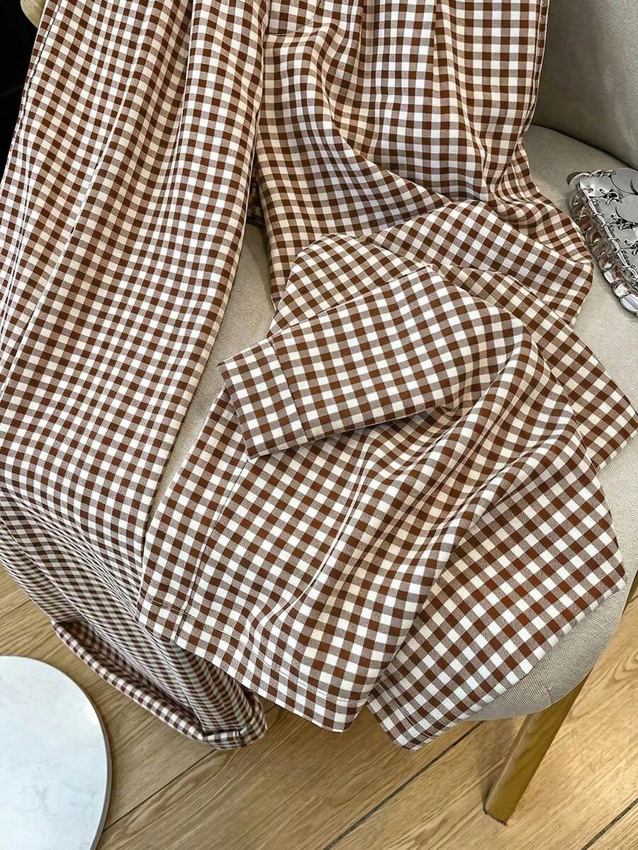 Clarissa Gingham Check Elastic Waist Straight Leg Pants - Mocha Brown