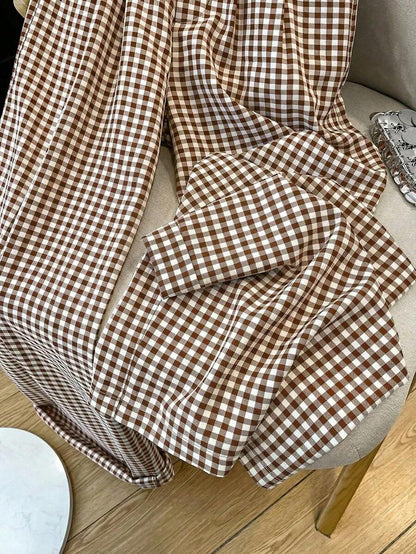 Clarissa Gingham Check Elastic Waist Straight Leg Pants - Mocha Brown