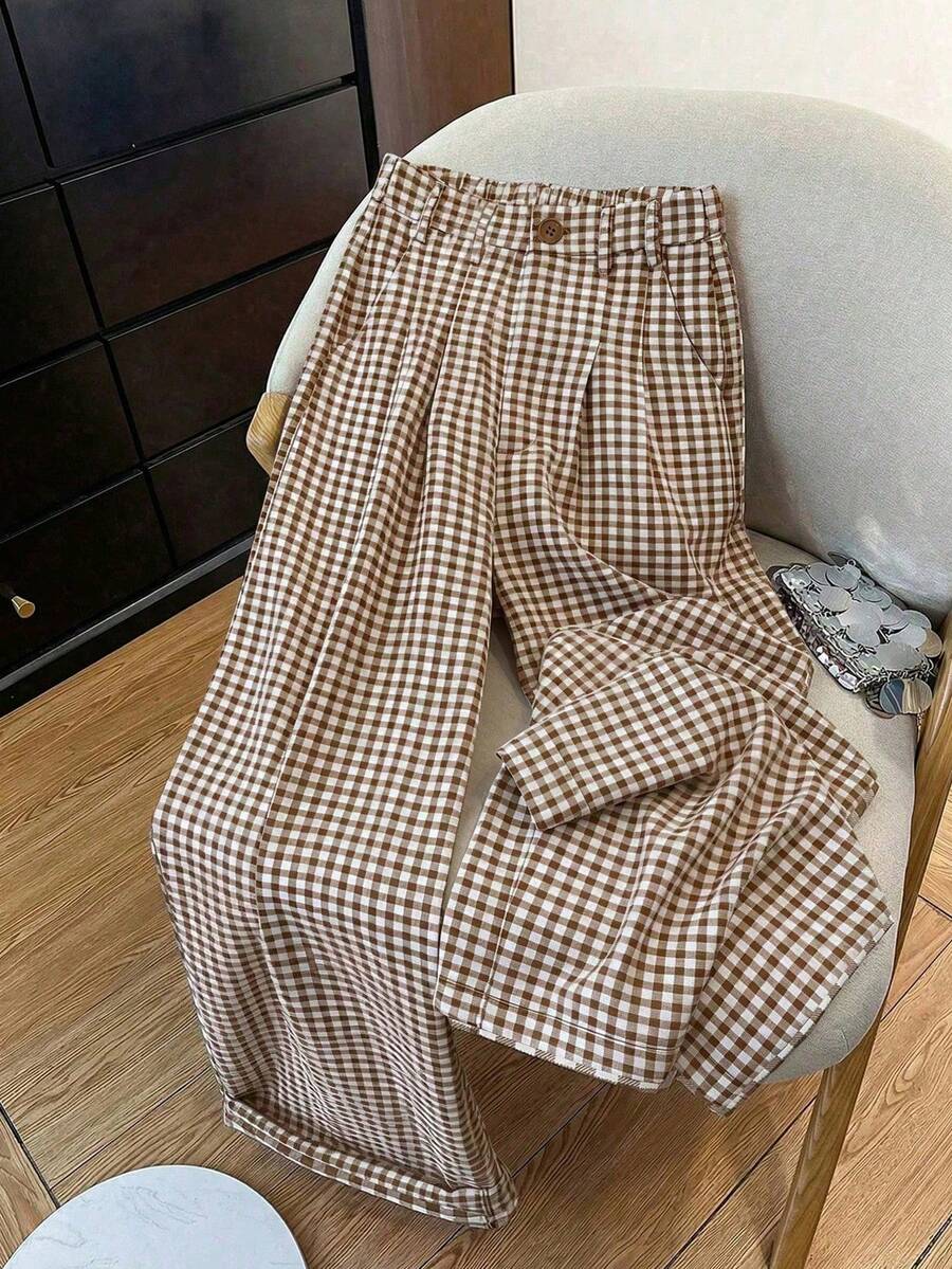 Clarissa Gingham Check Elastic Waist Straight Leg Pants - Mocha Brown