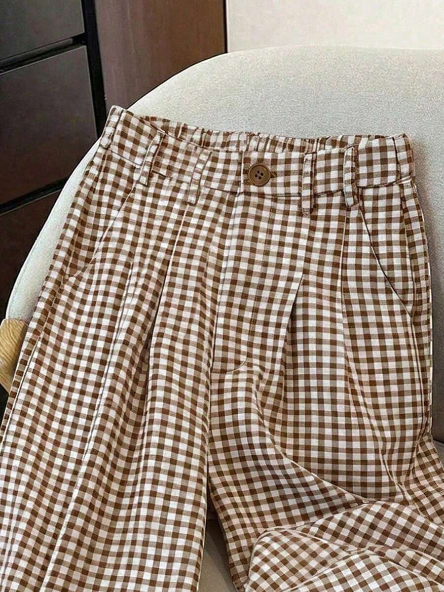 Clarissa Gingham Check Elastic Waist Straight Leg Pants - Mocha Brown