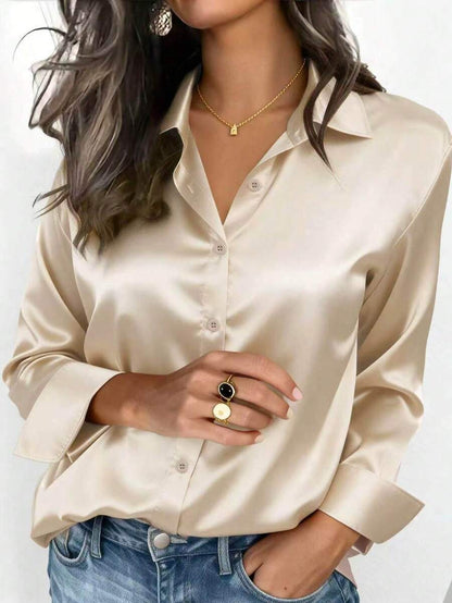 Valeria Satin Long Sleeve Button Down Collared Shirt - Champagne