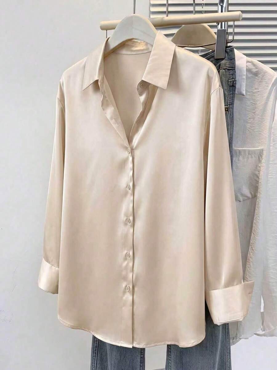 Valeria Satin Long Sleeve Button Down Collared Shirt - Champagne