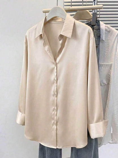 Valeria Satin Long Sleeve Button Down Collared Shirt - Champagne