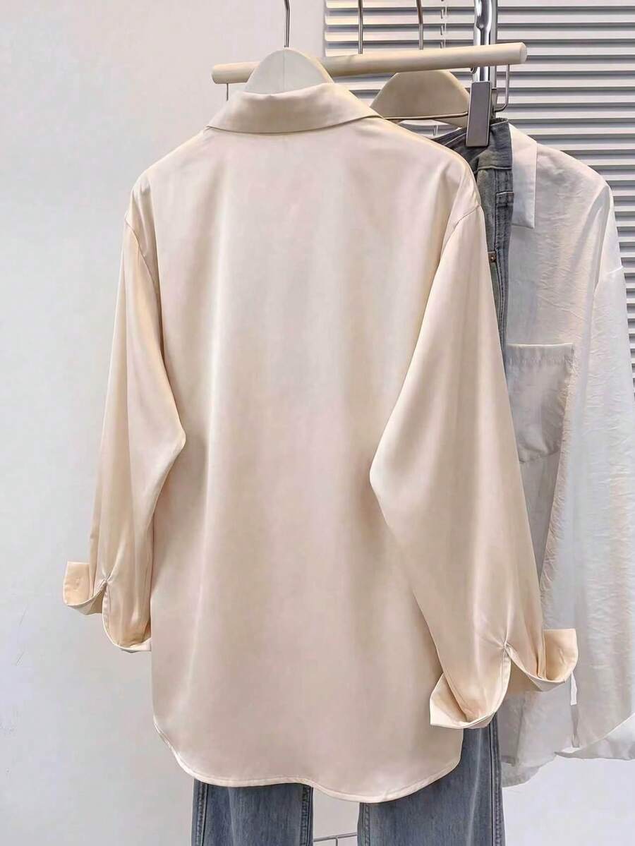Valeria Satin Long Sleeve Button Down Collared Shirt - Champagne