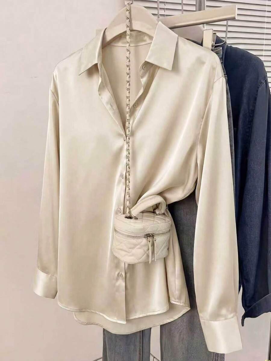 Valeria Satin Long Sleeve Button Down Collared Shirt - Champagne