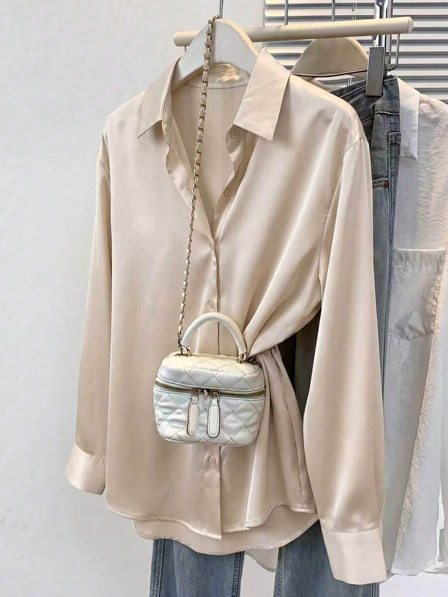 Valeria Satin Long Sleeve Button Down Collared Shirt - Champagne