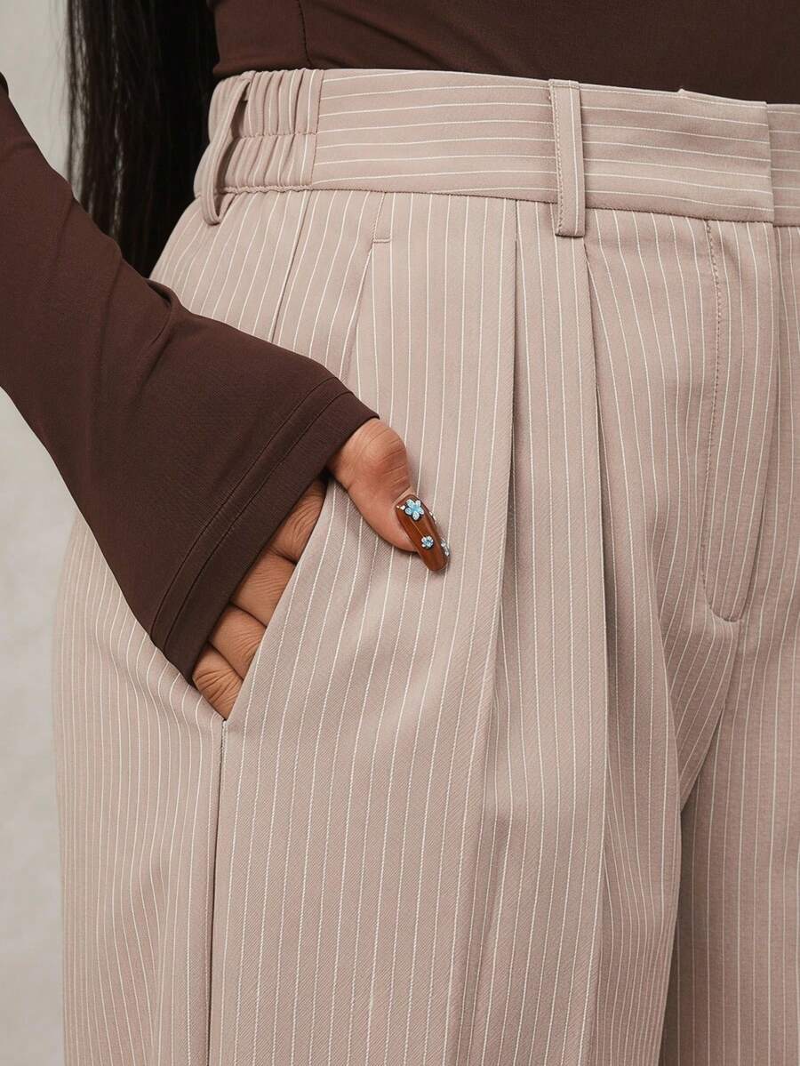 Theodora High Waist Pleated Oversized Wide Leg Suit Trousers - Taupe Pinstripe