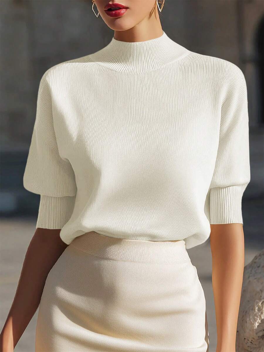 Women's Mock Neck Short Sleeve Knit Top, Fitted Sweater Tee for Work and Layering - Khaki