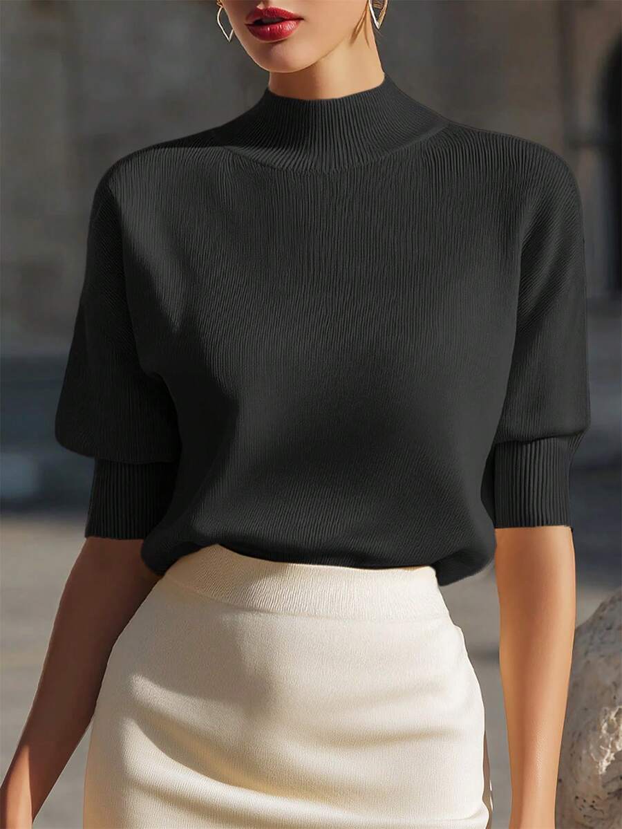 Women's Mock Neck Short Sleeve Knit Top, Fitted Sweater Tee for Work and Layering - Khaki