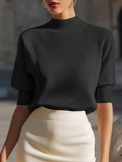 Women's Mock Neck Short Sleeve Knit Top, Fitted Sweater Tee for Work and Layering - Khaki
