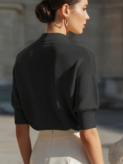 Women's Mock Neck Short Sleeve Knit Top, Fitted Sweater Tee for Work and Layering - Black