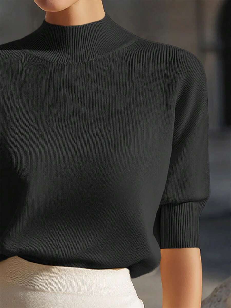 Women's Mock Neck Short Sleeve Knit Top, Fitted Sweater Tee for Work and Layering - Green
