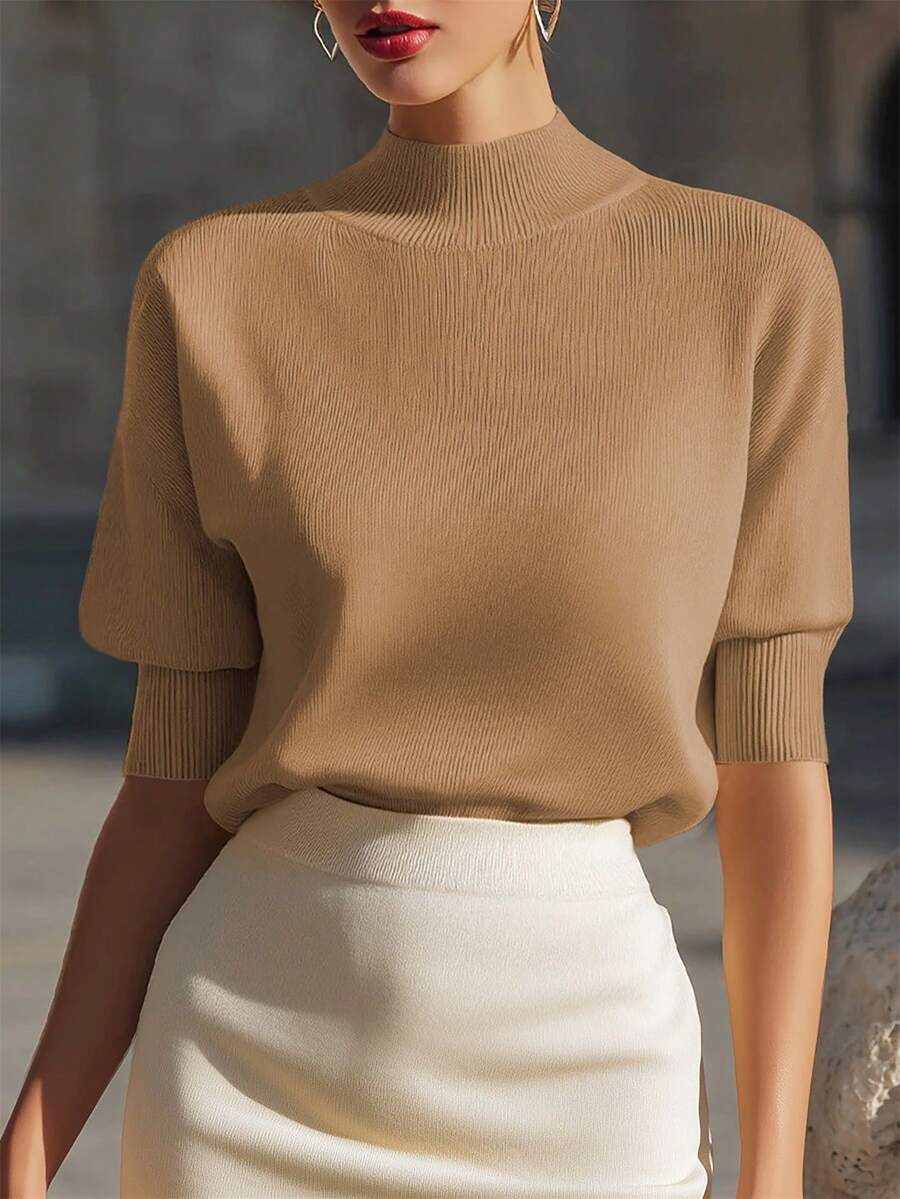 Women's Mock Neck Short Sleeve Knit Top, Fitted Sweater Tee for Work and Layering - Khaki