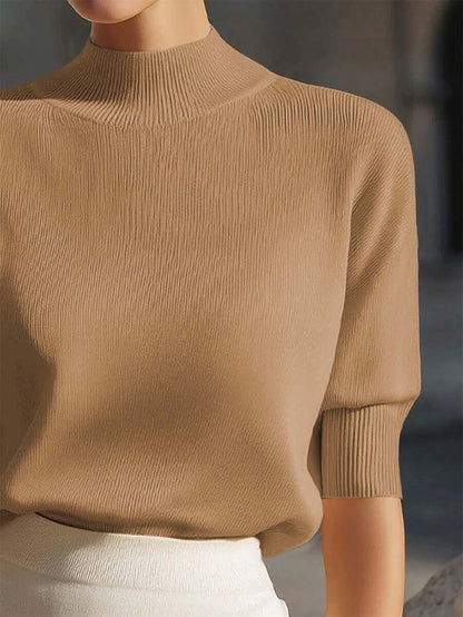 Women's Mock Neck Short Sleeve Knit Top, Fitted Sweater Tee for Work and Layering - Green
