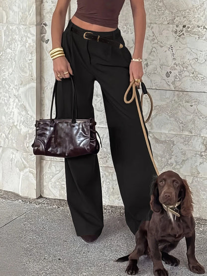 Women's Belted High Waisted Wide Leg Trousers, Tailored Dress Pants for Work Office - Brown
