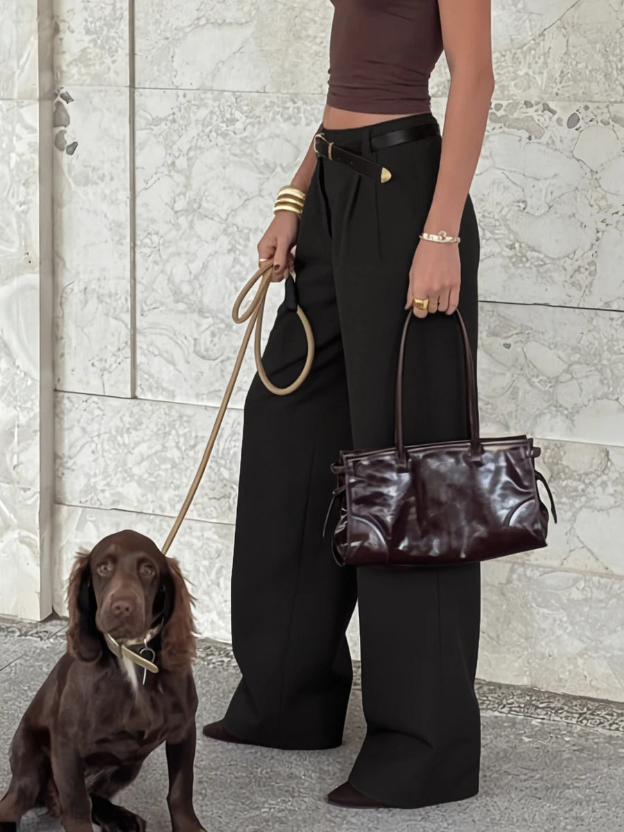 Women's Belted High Waisted Wide Leg Trousers, Tailored Dress Pants for Work Office - Brown