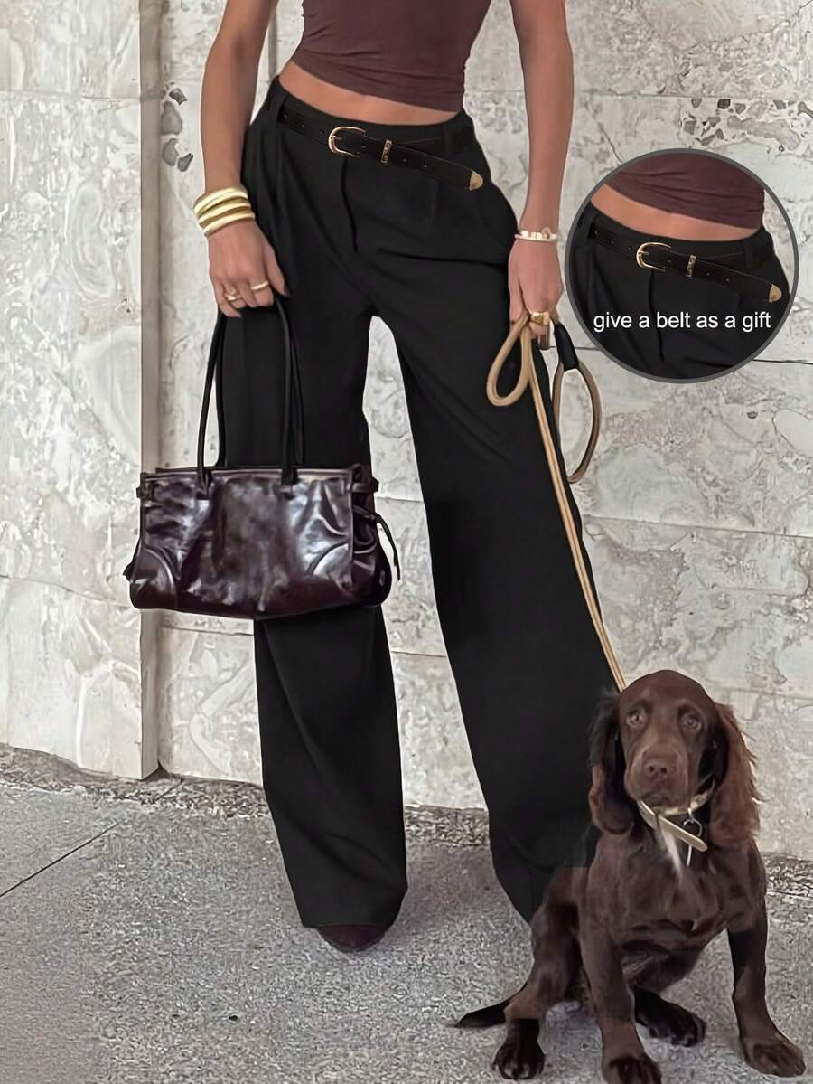 Women's Belted High Waisted Wide Leg Trousers, Tailored Dress Pants for Work Office - Brown