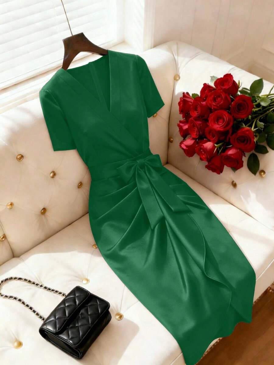 Women's Satin Wrap V-Neck Midi Dress, Silky Dress for Wedding Guest and Evening - Burgundy