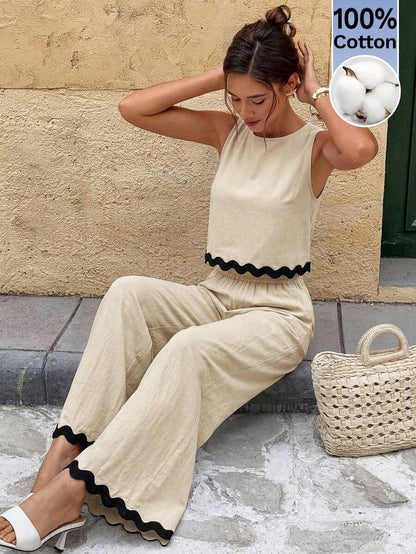 Serisse 2pcs/Set Women Contrast Color Allover Print Casual Sleeveless Top And Loose Fit Wide Leg Pants Summer Blue Vacation Holiday Resort Mensa