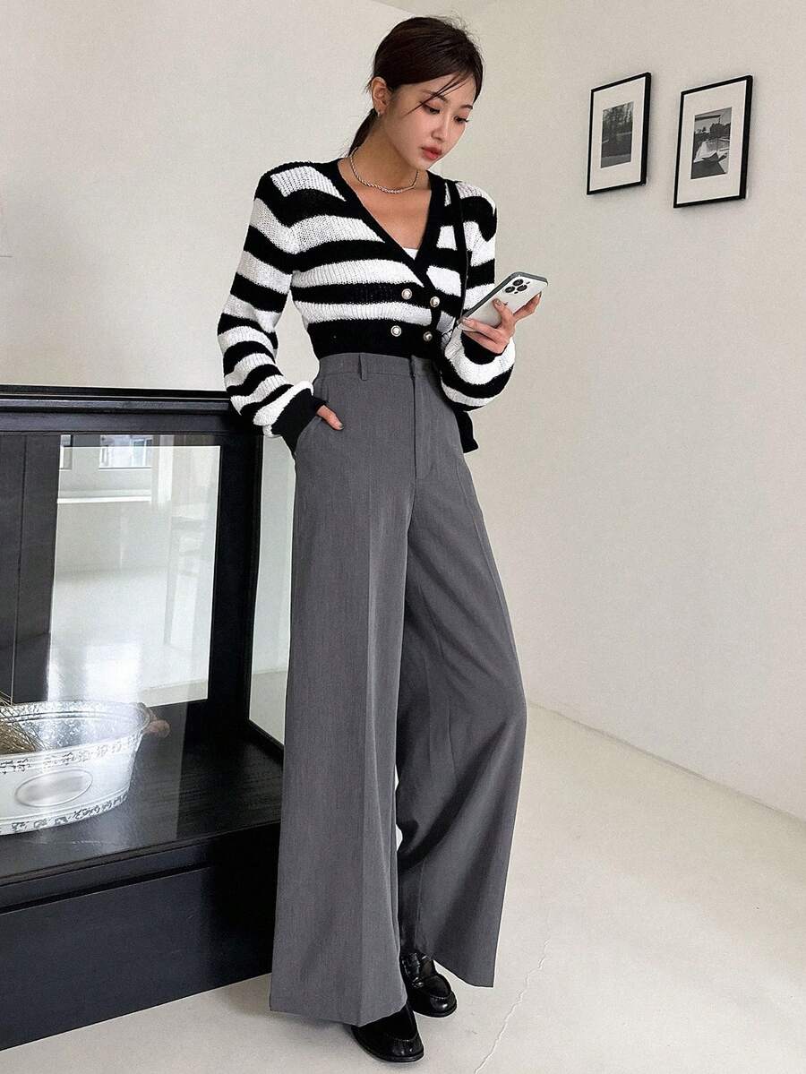 Women's Wide Leg Tailored Trousers, High Waisted Stretch Dress Pants for Work Office - Coffee Brown