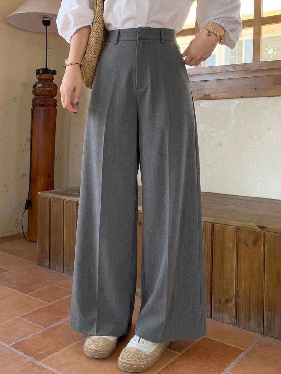 Women's Wide Leg Tailored Trousers, High Waisted Stretch Dress Pants for Work Office - Navy Blue
