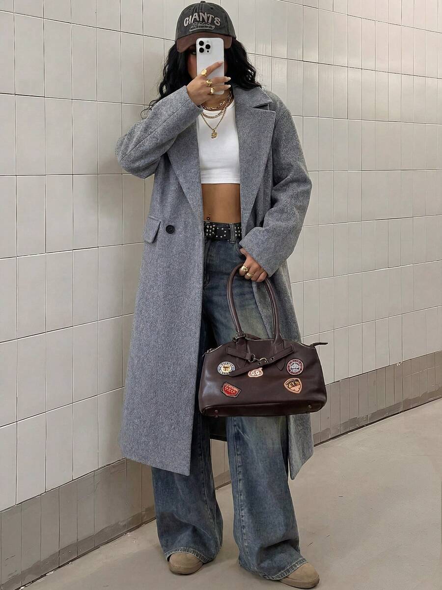Jolie Oversized Double Breasted Long Coat with Lapel Collar - Grey