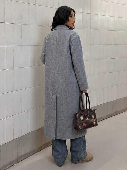 Jolie Oversized Double Breasted Long Coat with Lapel Collar - Grey