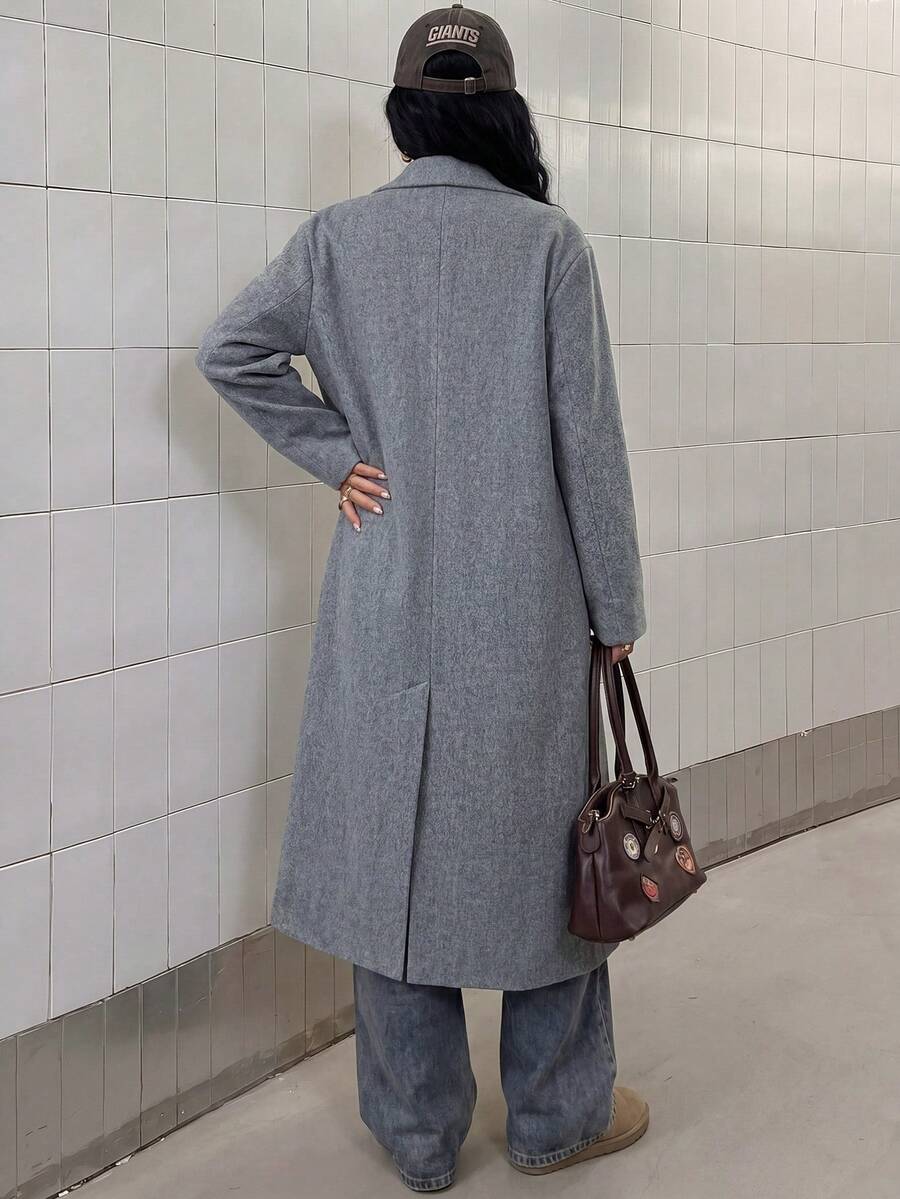 Jolie Oversized Double Breasted Long Coat with Lapel Collar - Grey
