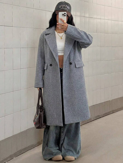 Jolie Oversized Double Breasted Long Coat with Lapel Collar - Grey