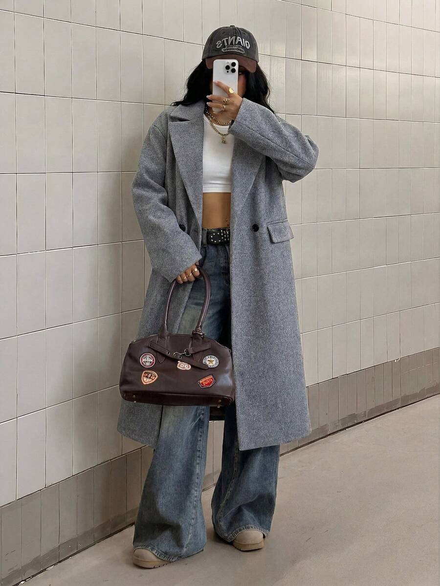Jolie Oversized Double Breasted Long Coat with Lapel Collar - Grey