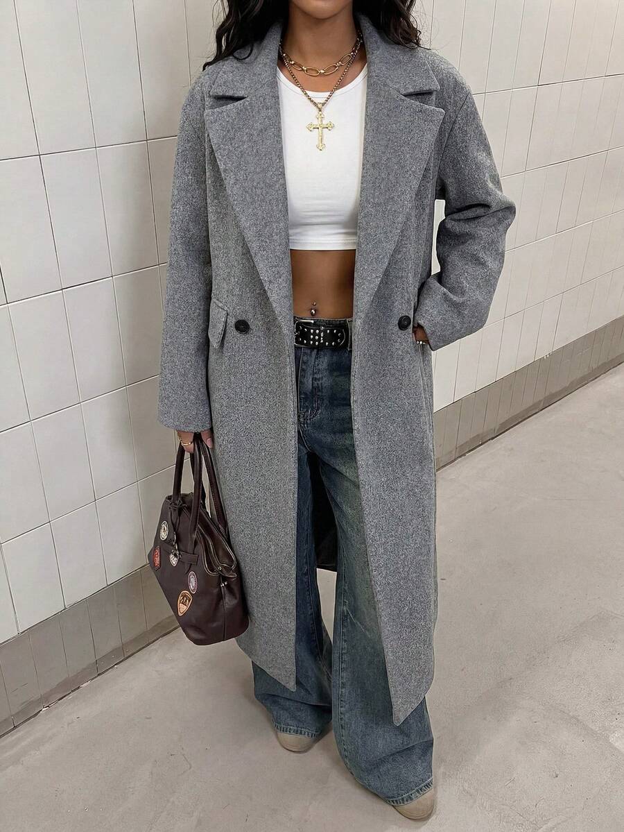 Jolie Oversized Double Breasted Long Coat with Lapel Collar - Grey