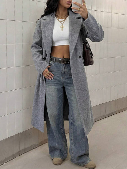 Jolie Oversized Double Breasted Long Coat with Lapel Collar - Grey