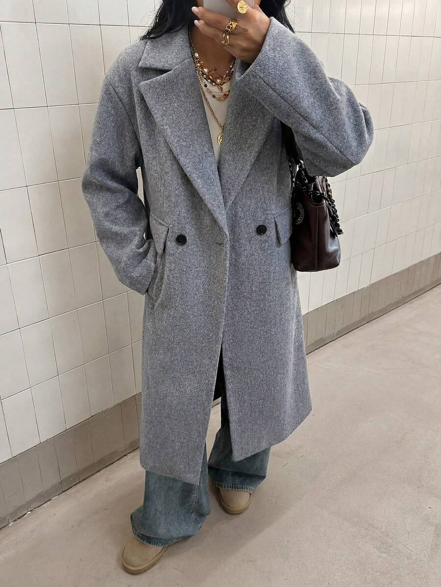 Jolie Oversized Double Breasted Long Coat with Lapel Collar - Grey
