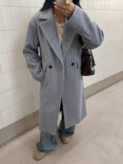 Jolie Oversized Double Breasted Long Coat with Lapel Collar - Grey
