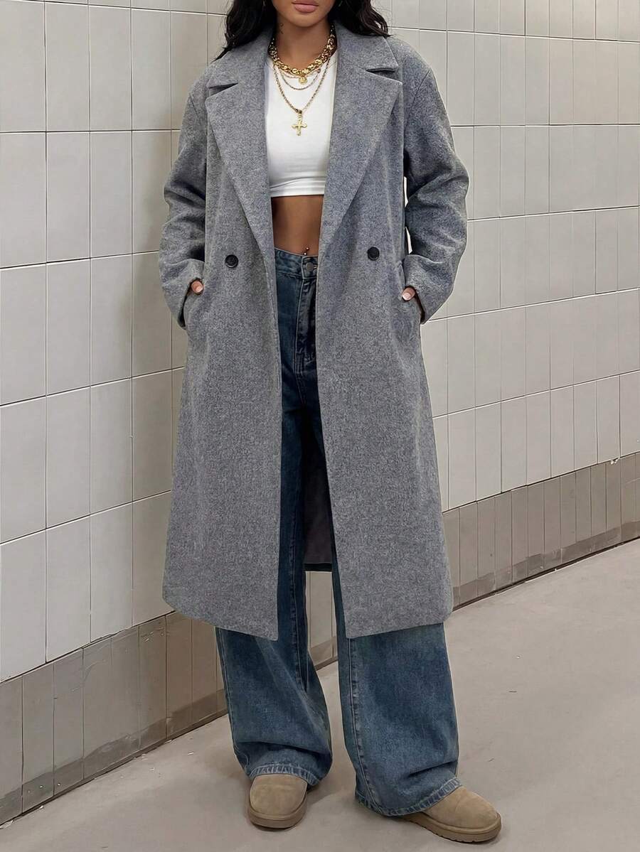 Jolie Oversized Double Breasted Long Coat with Lapel Collar - Grey