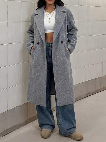 Jolie Oversized Double Breasted Long Coat with Lapel Collar - Grey