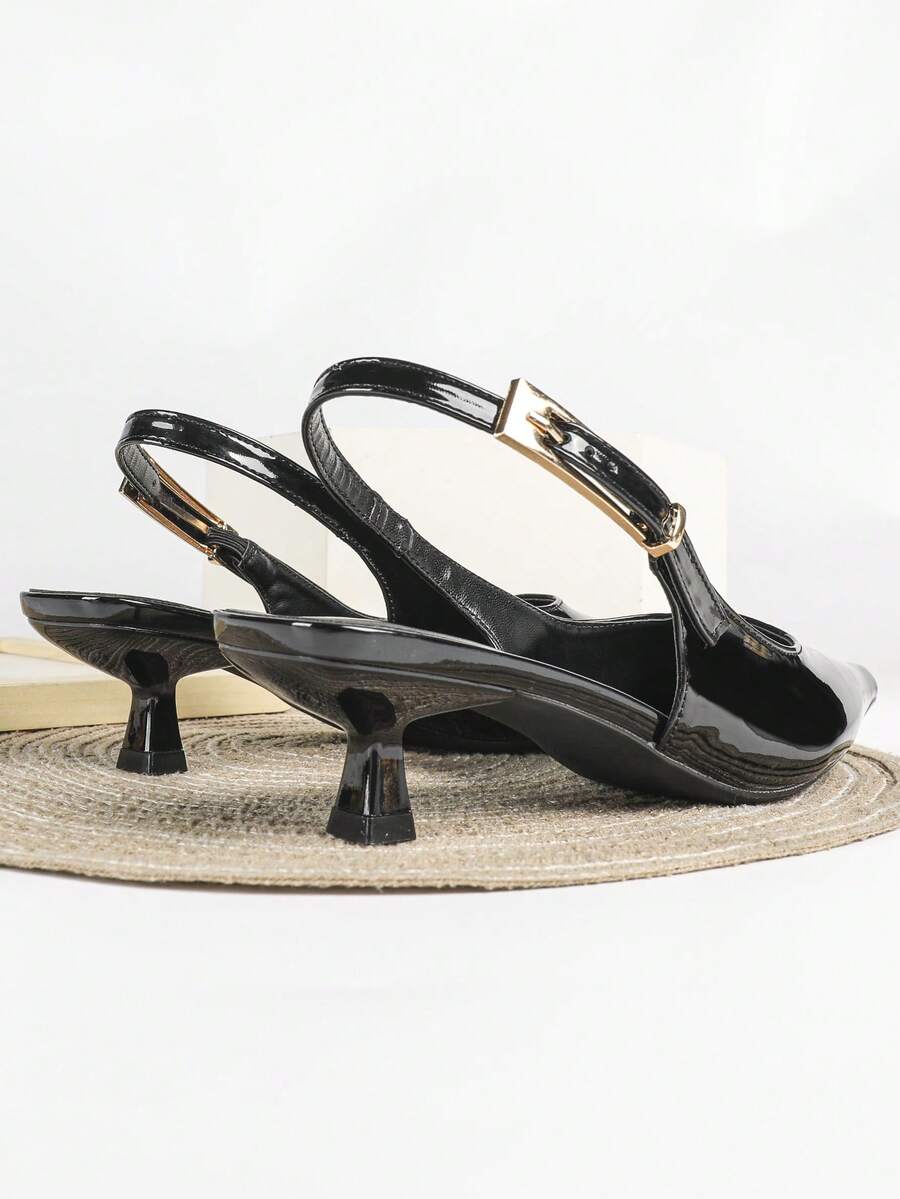 Women's Pointed Toe Slingback Mid Heel Pumps, Glossy Faux Leather Buckle Strap Kitten Heels for Work